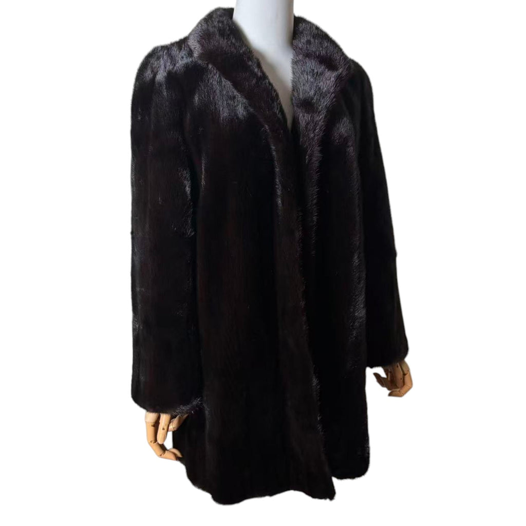 SAGA MINK REAL FUR COAT MID-LENGTH BLACK SHAWL COLLAR SIZE L JAPAN