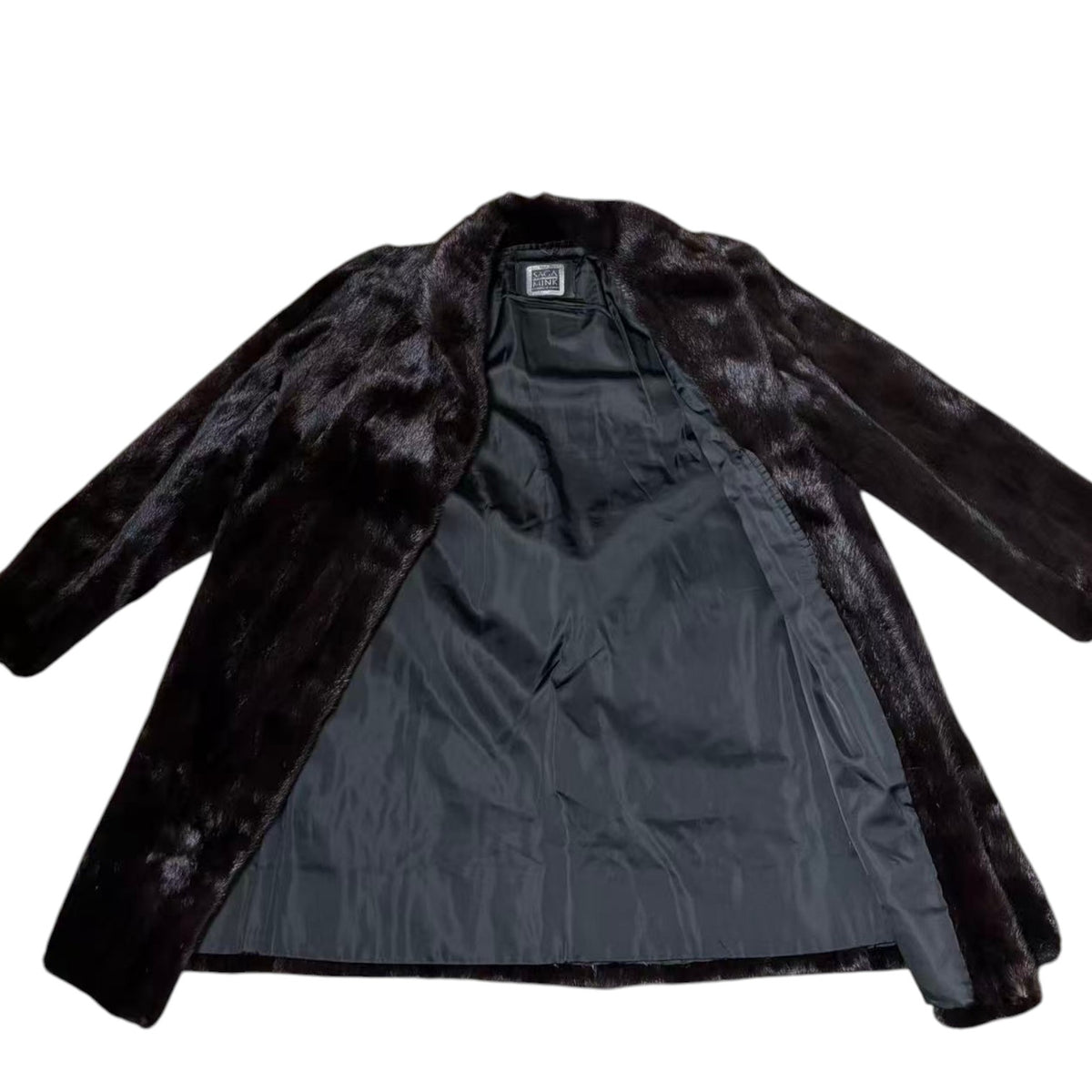 SAGA MINK REAL FUR COAT MID-LENGTH BLACK SHAWL COLLAR SIZE L JAPAN
