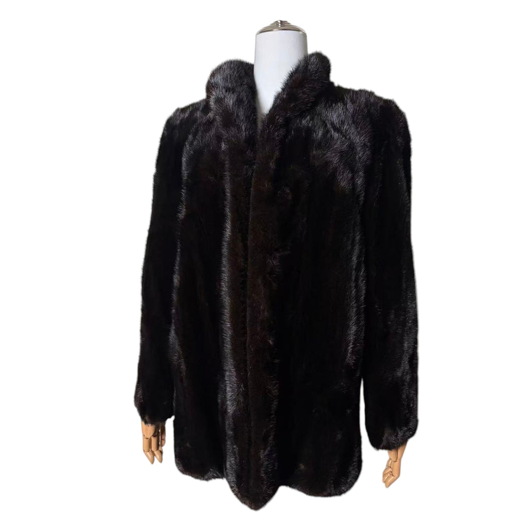 REAL MINK FUR COAT MID-LENGTH SHAWL COLLAR JACKET BLACK SIZE M JAPAN