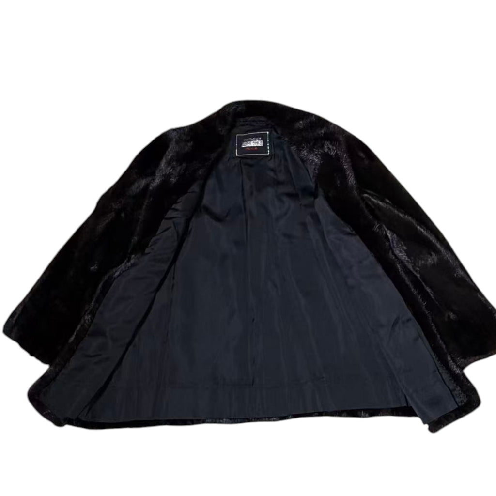 REAL MINK FUR COAT MID-LENGTH SHAWL COLLAR JACKET BLACK SIZE M JAPAN