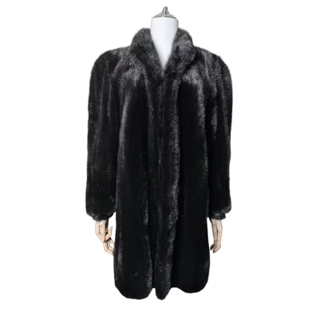REAL MINK FUR COAT MID-LENGTH JACKET BLACK SIZE M ELEGANT WARM FROM JAPAN