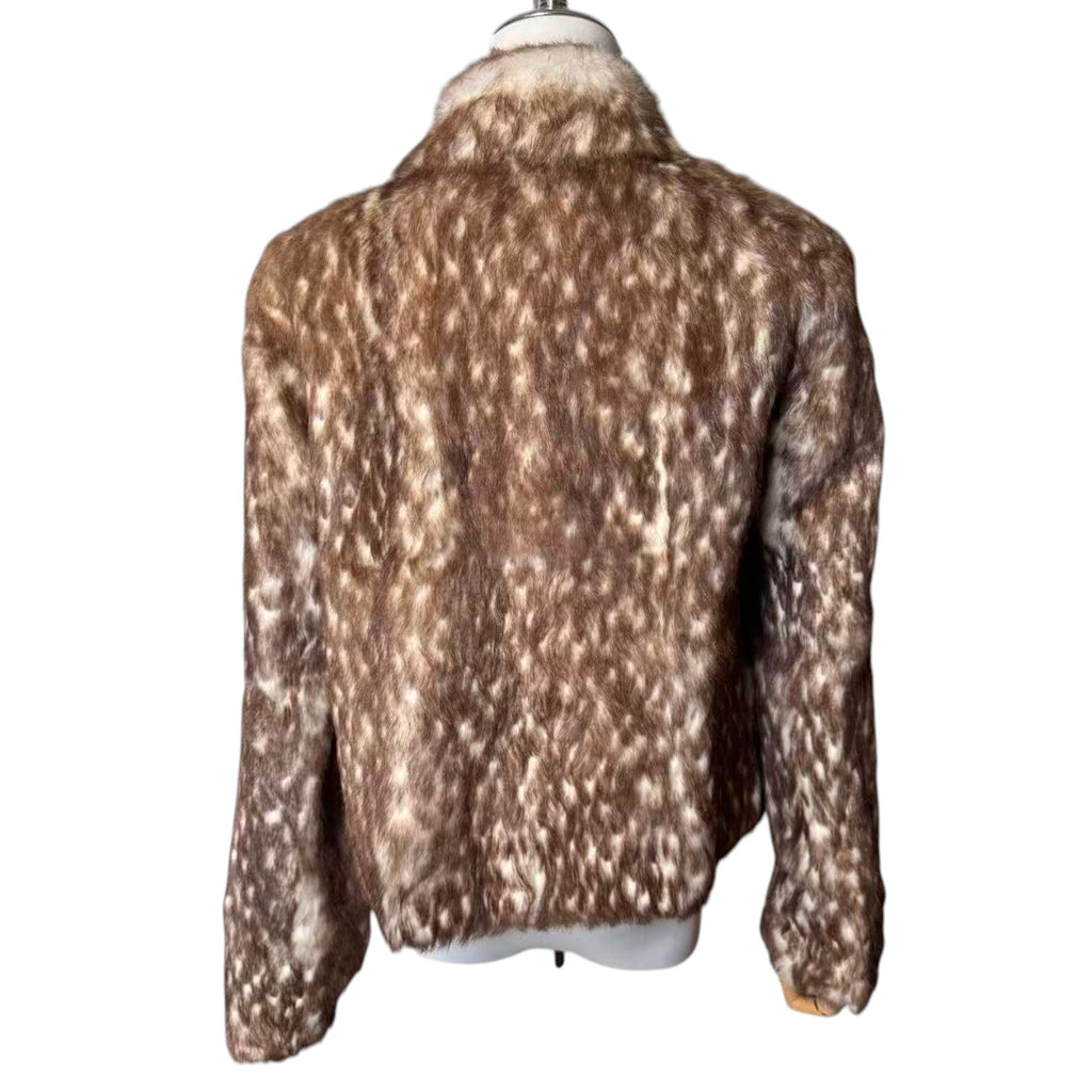 LANVIN REAL RABBIT FUR SHORT JACKET COAT BROWN WHITE LEOPARD SIZE FR36 S