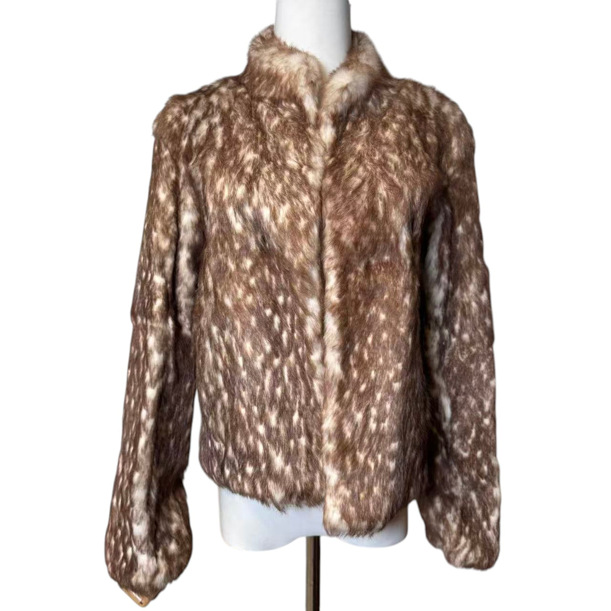 LANVIN REAL RABBIT FUR SHORT JACKET COAT BROWN WHITE LEOPARD SIZE FR36 S