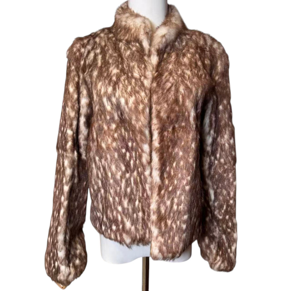 LANVIN REAL RABBIT FUR SHORT JACKET COAT BROWN WHITE LEOPARD SIZE FR36 S