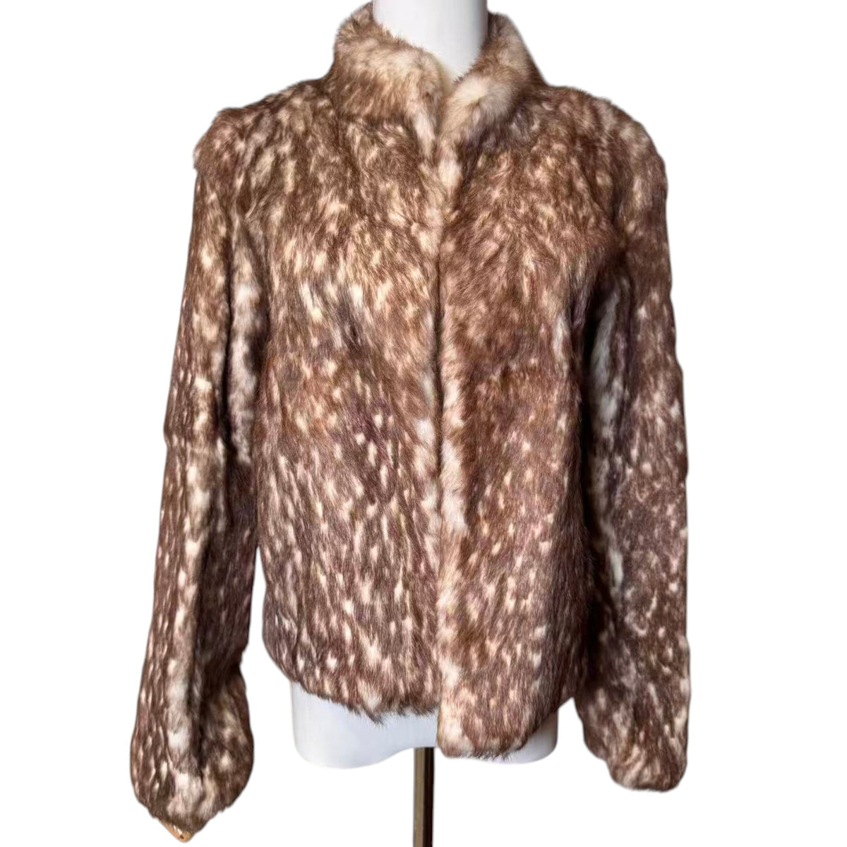 LANVIN REAL RABBIT FUR SHORT JACKET COAT BROWN WHITE LEOPARD SIZE FR36 S