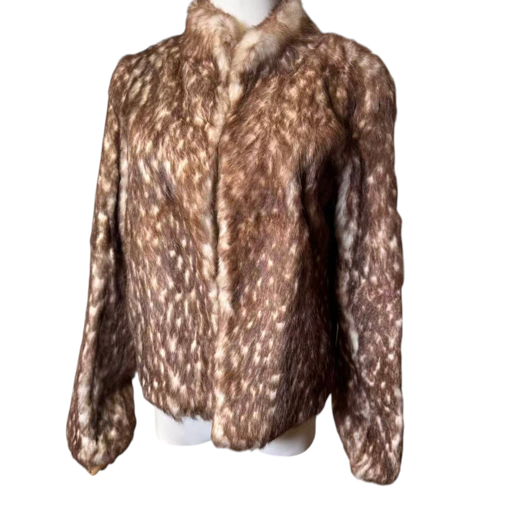LANVIN REAL RABBIT FUR SHORT JACKET COAT BROWN WHITE LEOPARD SIZE FR36 S
