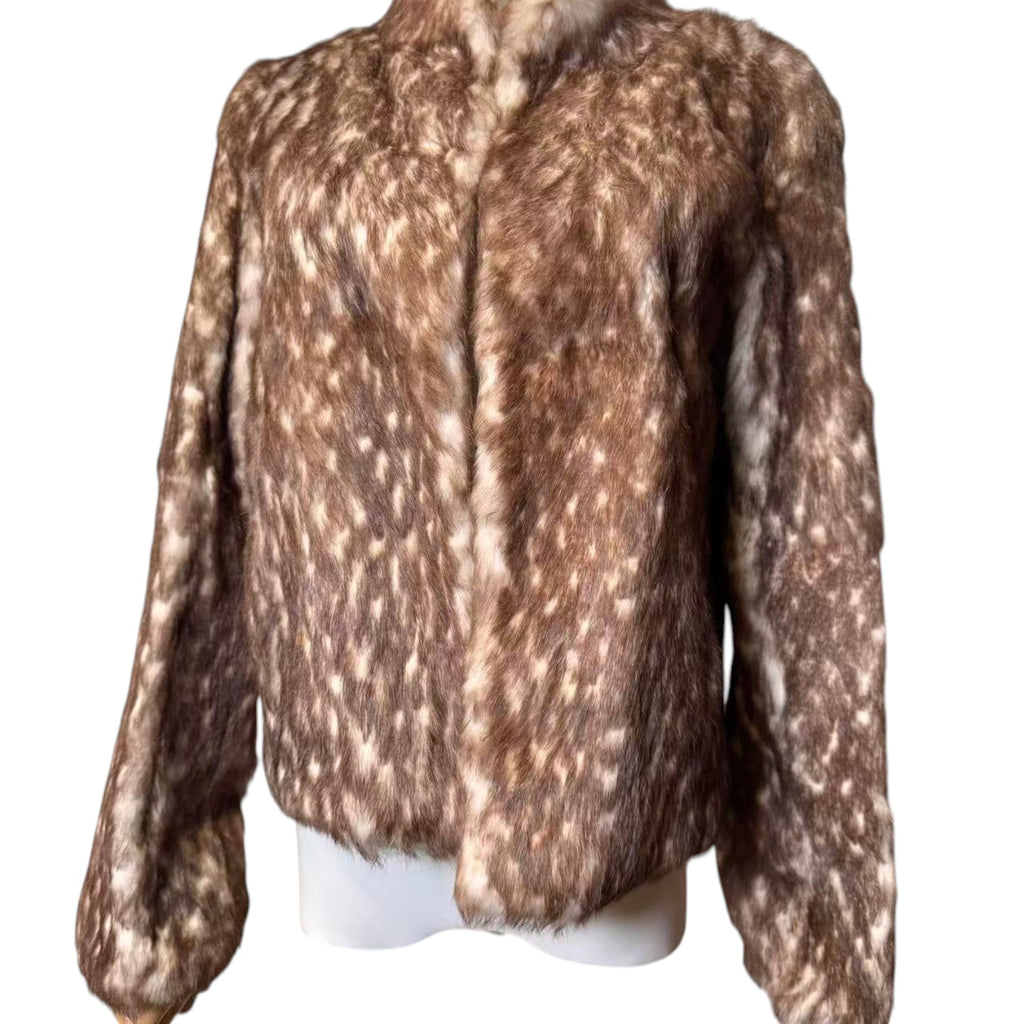 LANVIN REAL RABBIT FUR SHORT JACKET COAT BROWN WHITE LEOPARD SIZE FR36 S