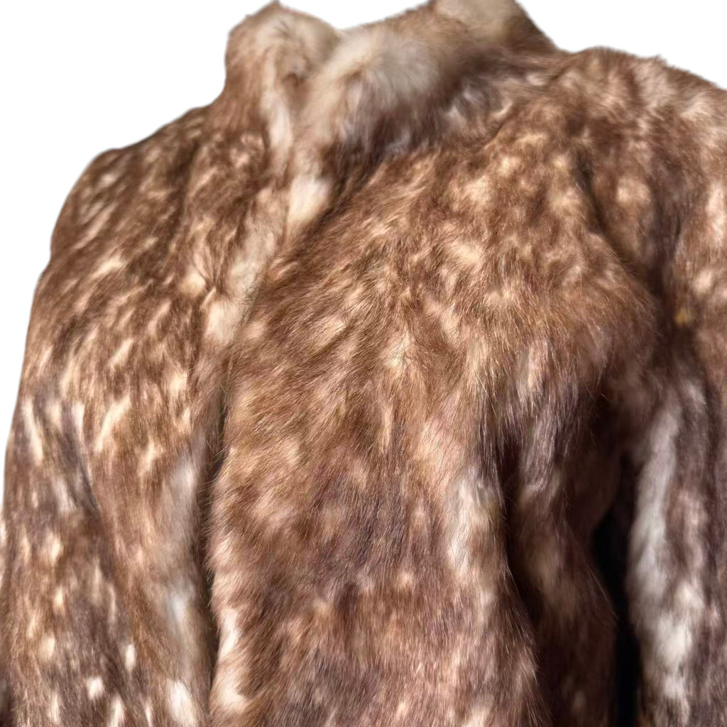 LANVIN REAL RABBIT FUR SHORT JACKET COAT BROWN WHITE LEOPARD SIZE FR36 S