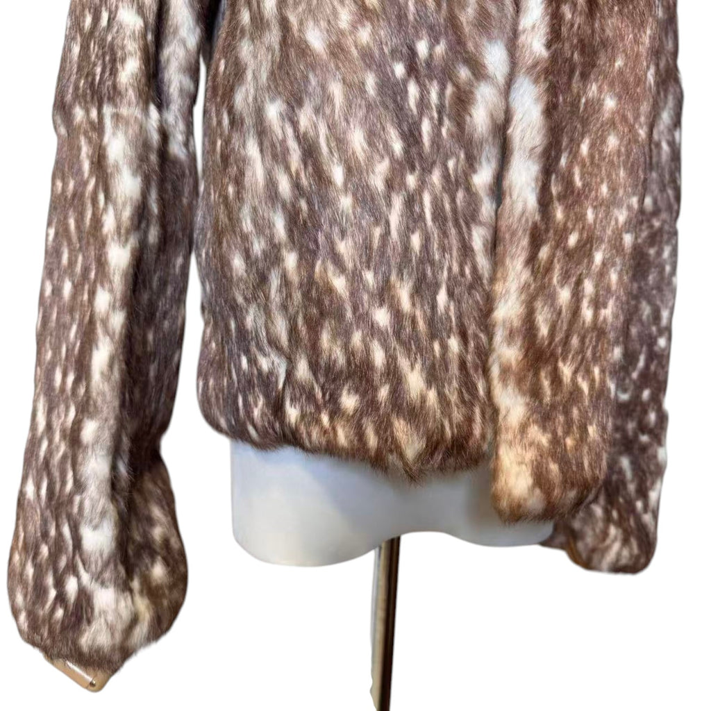 LANVIN REAL RABBIT FUR SHORT JACKET COAT BROWN WHITE LEOPARD SIZE FR36 S