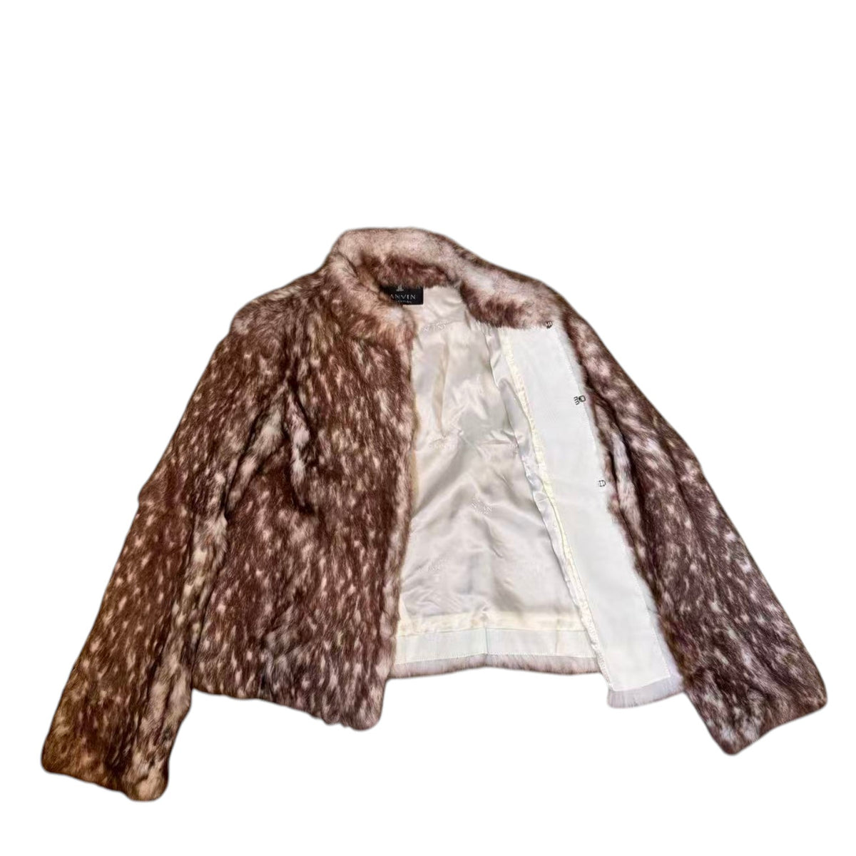 LANVIN REAL RABBIT FUR SHORT JACKET COAT BROWN WHITE LEOPARD SIZE FR36 S