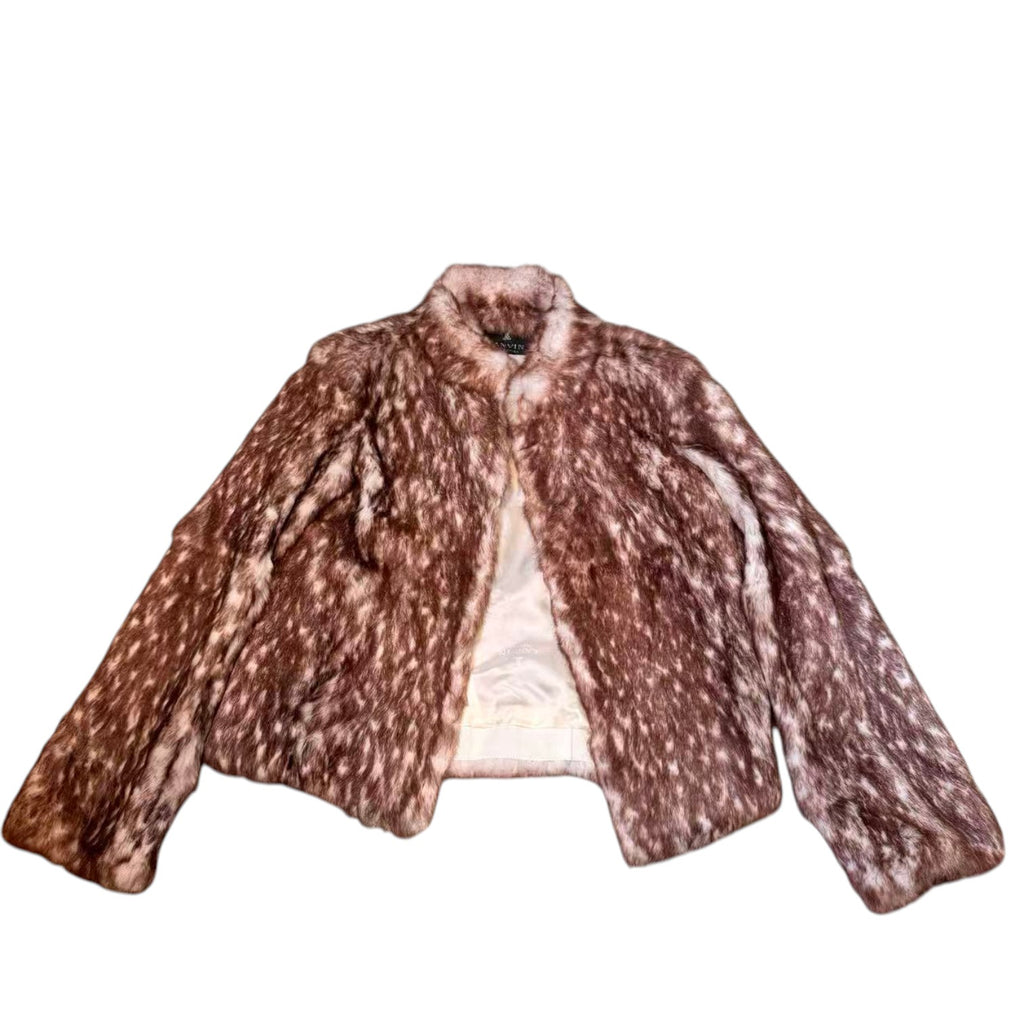 LANVIN REAL RABBIT FUR SHORT JACKET COAT BROWN WHITE LEOPARD SIZE FR36 S