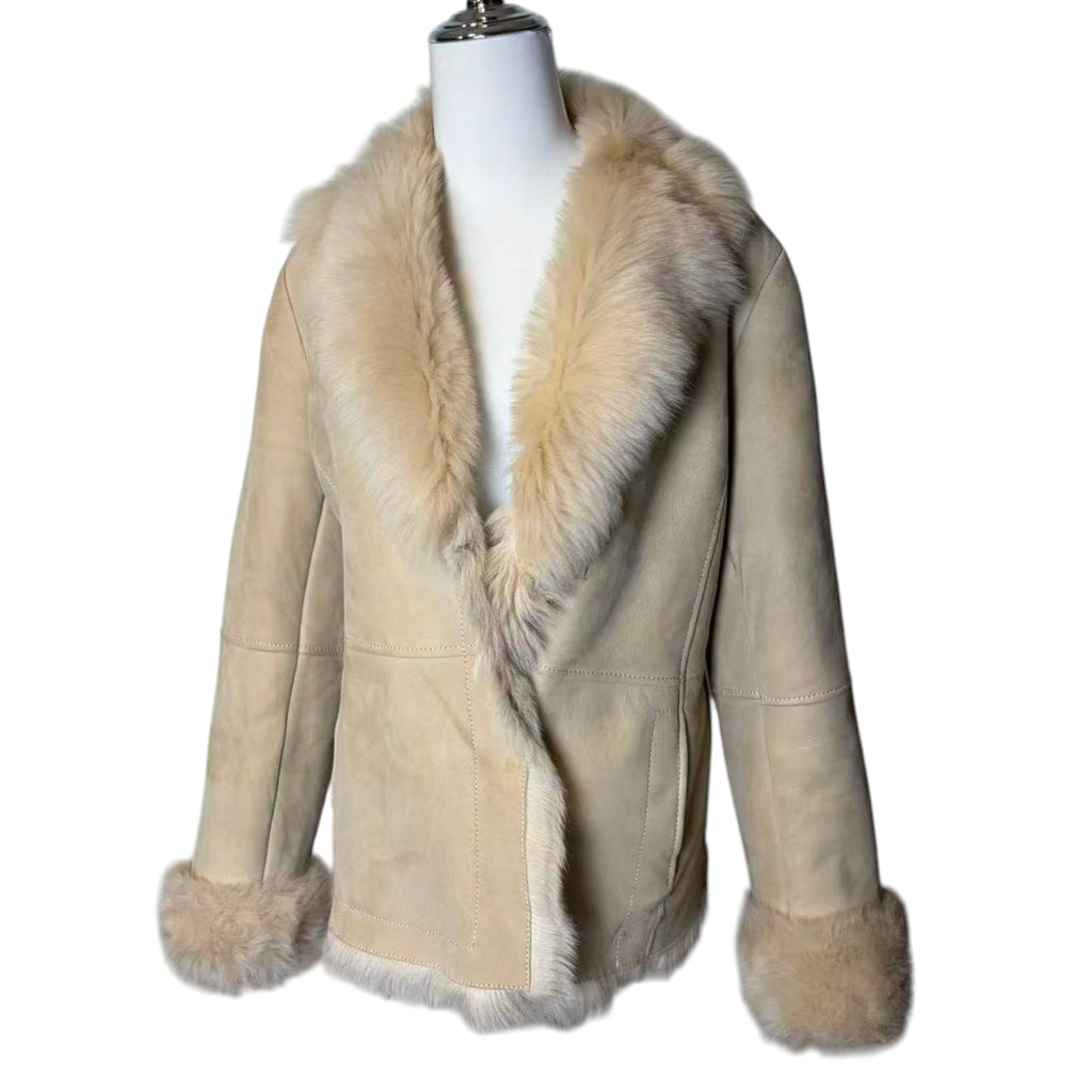 SHEEPSKIN SHEARLING MOUTON FUR JACKET SHORT COAT OFF WHITE SIZE L