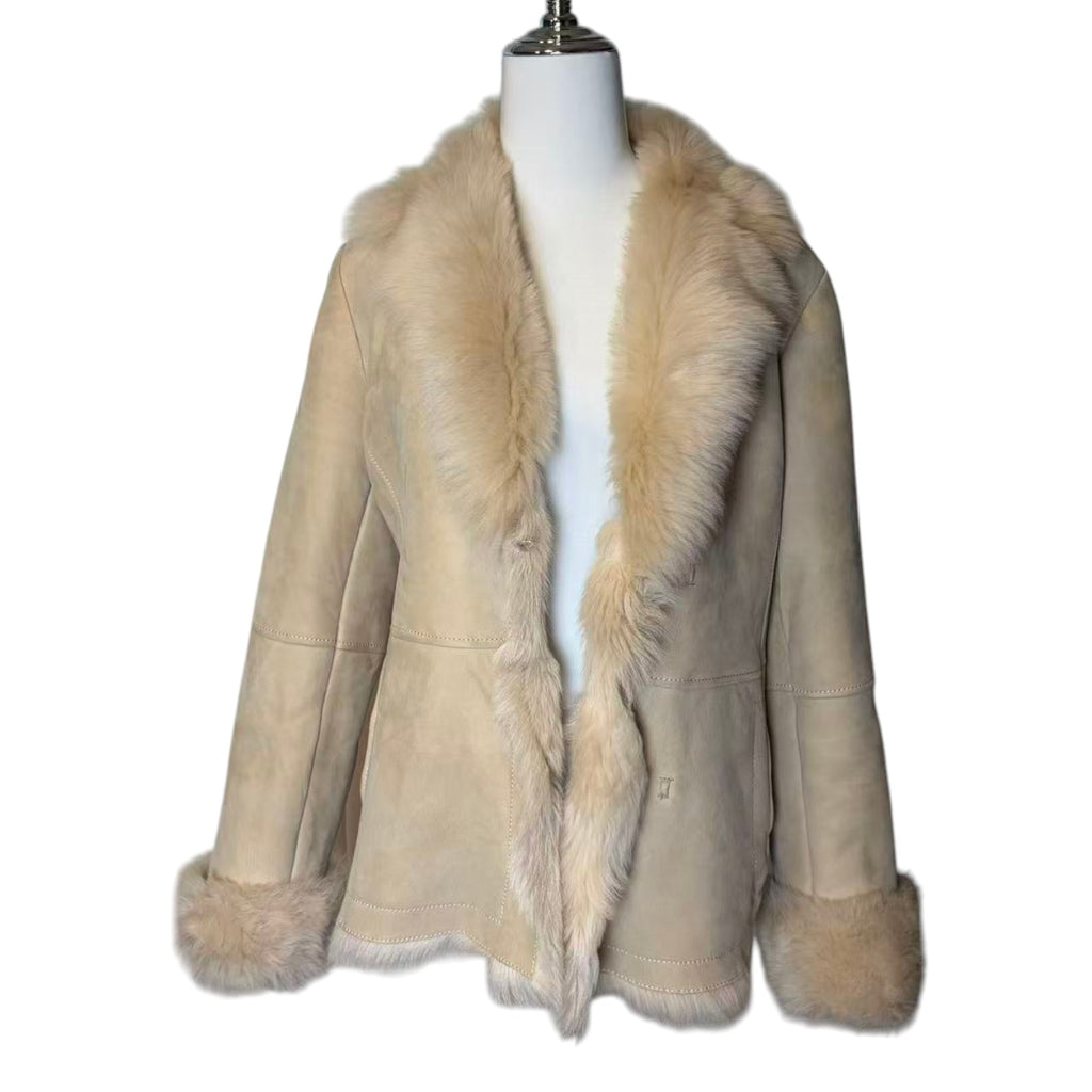 SHEEPSKIN SHEARLING MOUTON FUR JACKET SHORT COAT OFF WHITE SIZE L