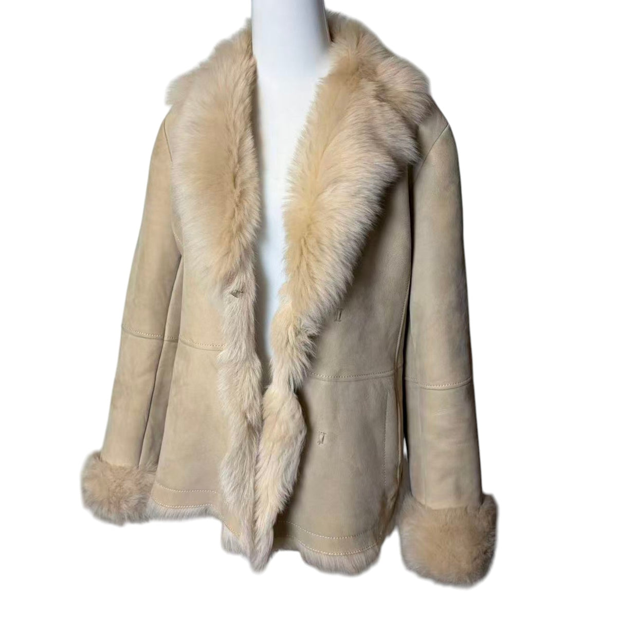 SHEEPSKIN SHEARLING MOUTON FUR JACKET SHORT COAT OFF WHITE SIZE L