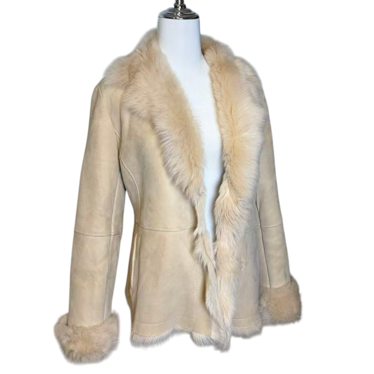 SHEEPSKIN SHEARLING MOUTON FUR JACKET SHORT COAT OFF WHITE SIZE L