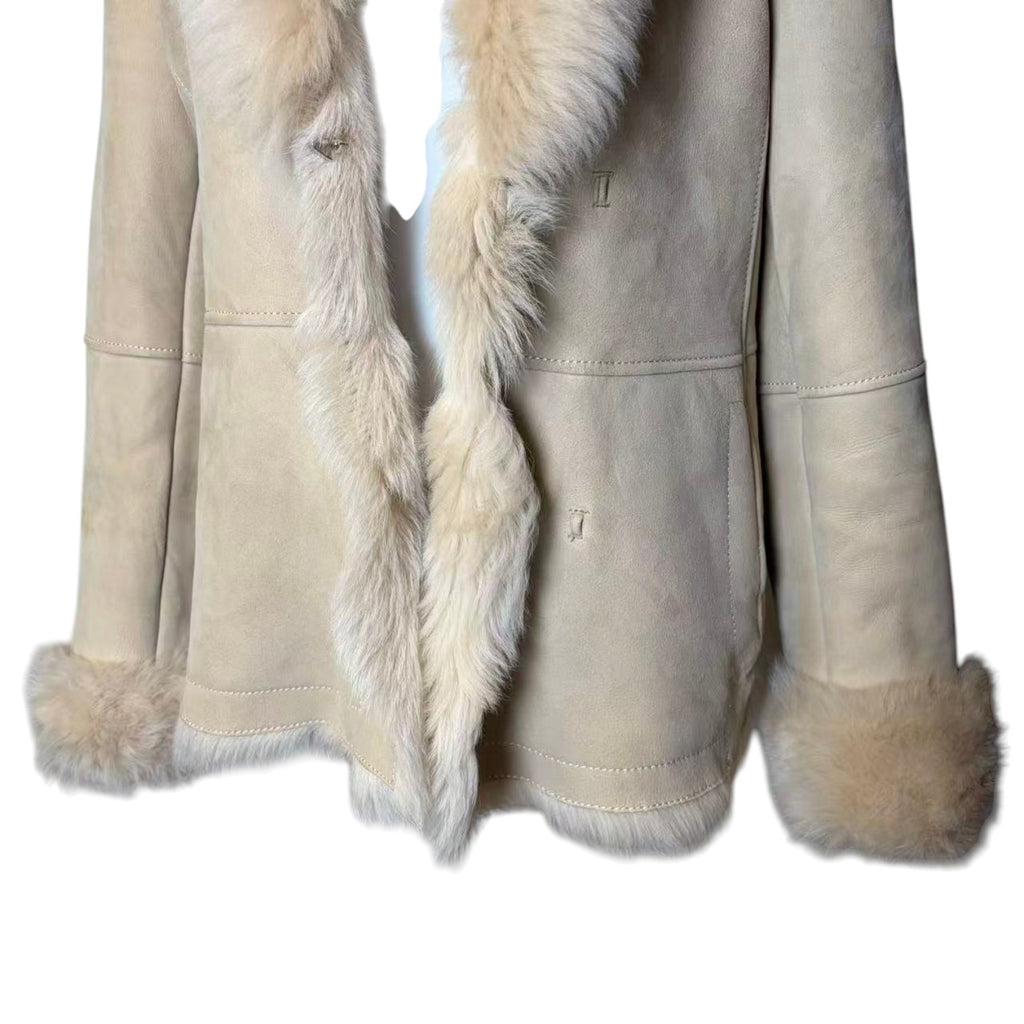 SHEEPSKIN SHEARLING MOUTON FUR JACKET SHORT COAT OFF WHITE SIZE L