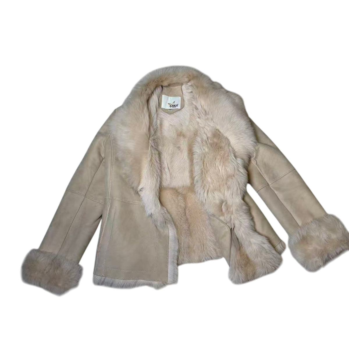 SHEEPSKIN SHEARLING MOUTON FUR JACKET SHORT COAT OFF WHITE SIZE L