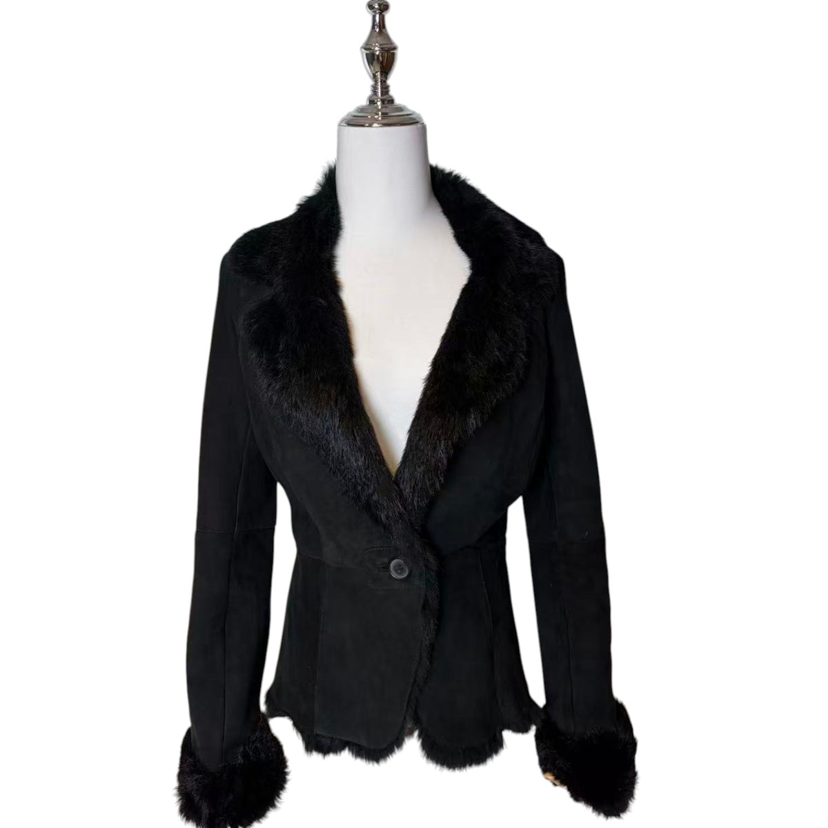 SHEEPSKIN SHEARLING REAL FUR JACKET SHORT COAT BLACK LIGHTWEIGHT ELEGANT