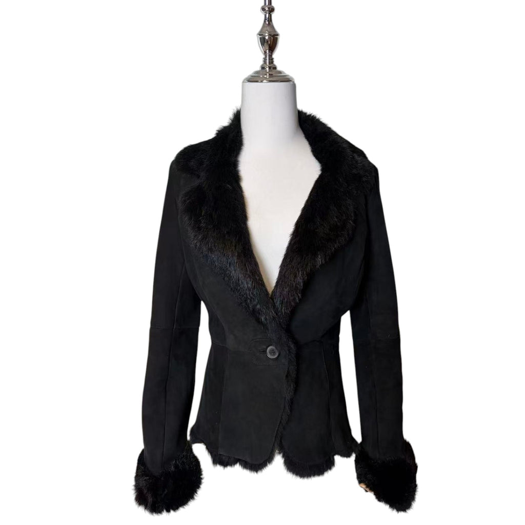 SHEEPSKIN SHEARLING REAL FUR JACKET SHORT COAT BLACK LIGHTWEIGHT ELEGANT