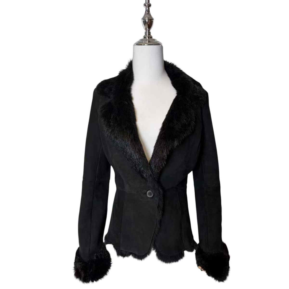 SHEEPSKIN SHEARLING REAL FUR JACKET SHORT COAT BLACK LIGHTWEIGHT ELEGANT