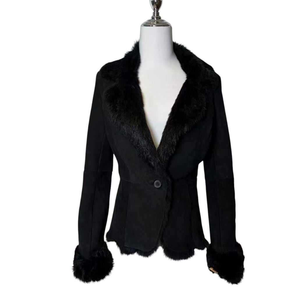 SHEEPSKIN SHEARLING REAL FUR JACKET SHORT COAT BLACK LIGHTWEIGHT ELEGANT