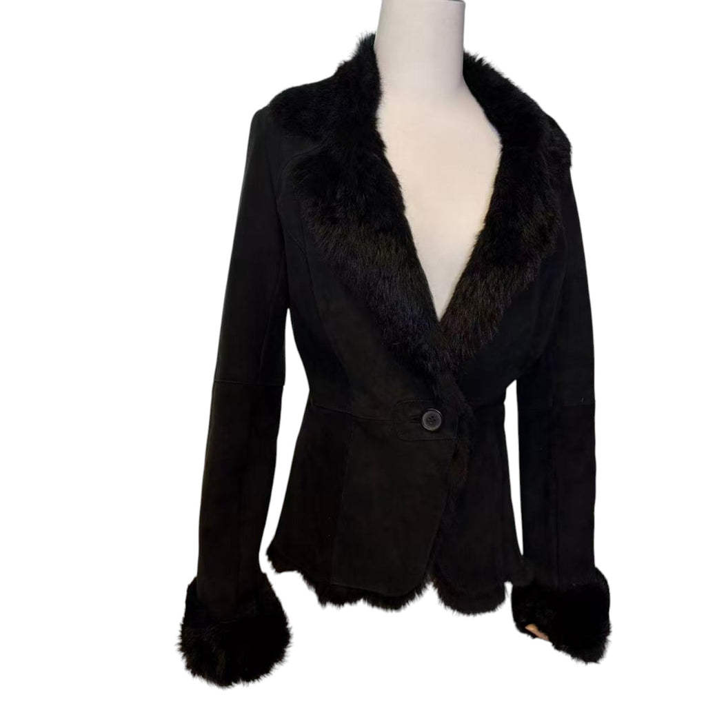 SHEEPSKIN SHEARLING REAL FUR JACKET SHORT COAT BLACK LIGHTWEIGHT ELEGANT