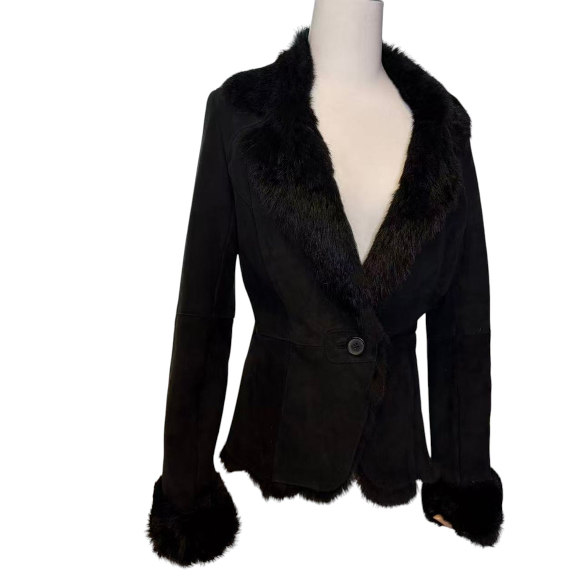 SHEEPSKIN SHEARLING REAL FUR JACKET SHORT COAT BLACK LIGHTWEIGHT ELEGANT