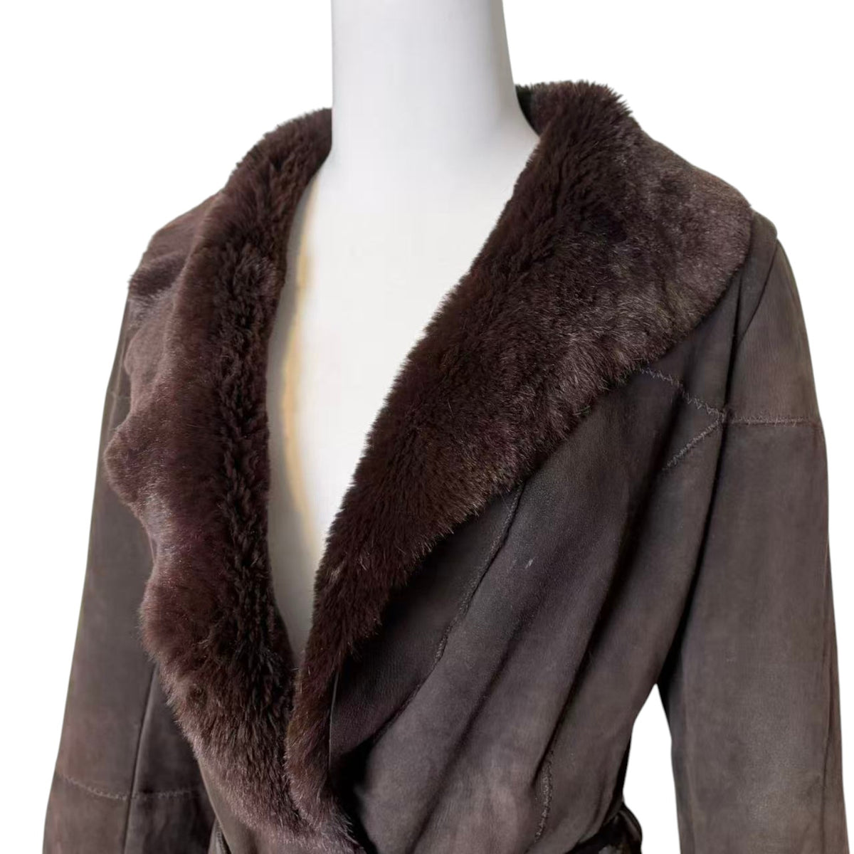 SHEEPSKIN RABBIT REAL FUR COAT JACKET MID LENGTH BROWN BELTED SIZE M