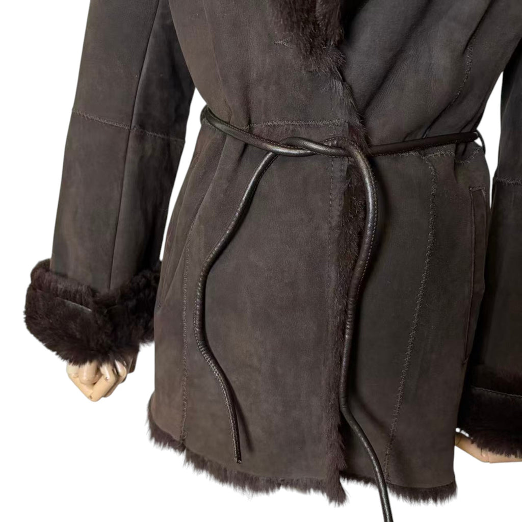 SHEEPSKIN RABBIT REAL FUR COAT JACKET MID LENGTH BROWN BELTED SIZE M