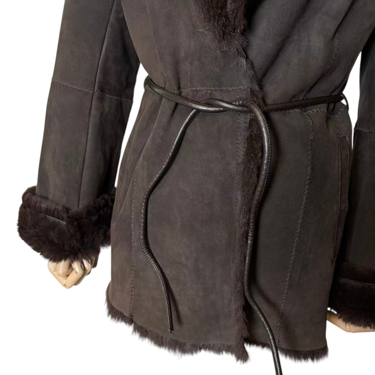 SHEEPSKIN RABBIT REAL FUR COAT JACKET MID LENGTH BROWN BELTED SIZE M