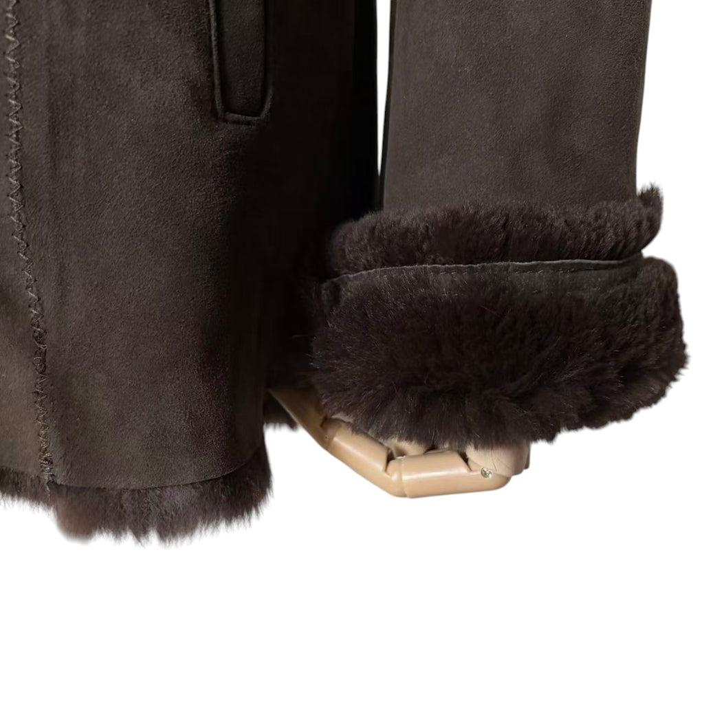 SHEEPSKIN RABBIT REAL FUR COAT JACKET MID LENGTH BROWN BELTED SIZE M