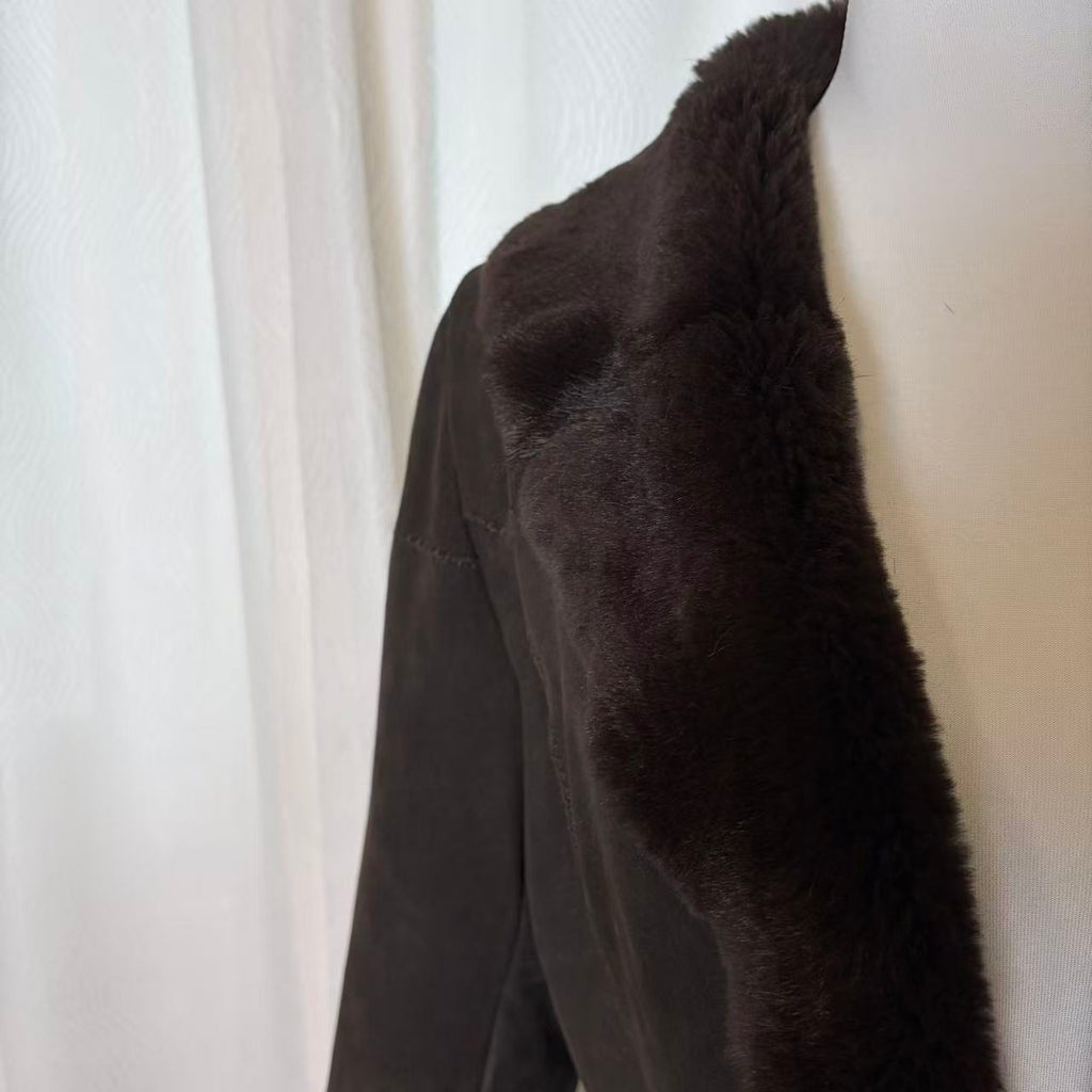 SHEEPSKIN RABBIT REAL FUR COAT JACKET MID LENGTH BROWN BELTED SIZE M