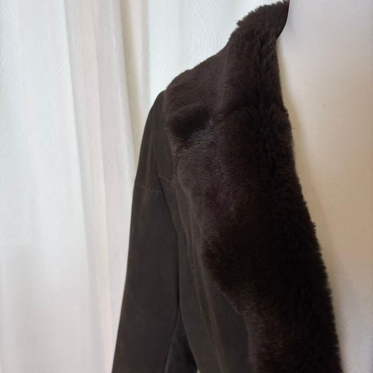SHEEPSKIN RABBIT REAL FUR COAT JACKET MID LENGTH BROWN BELTED SIZE M