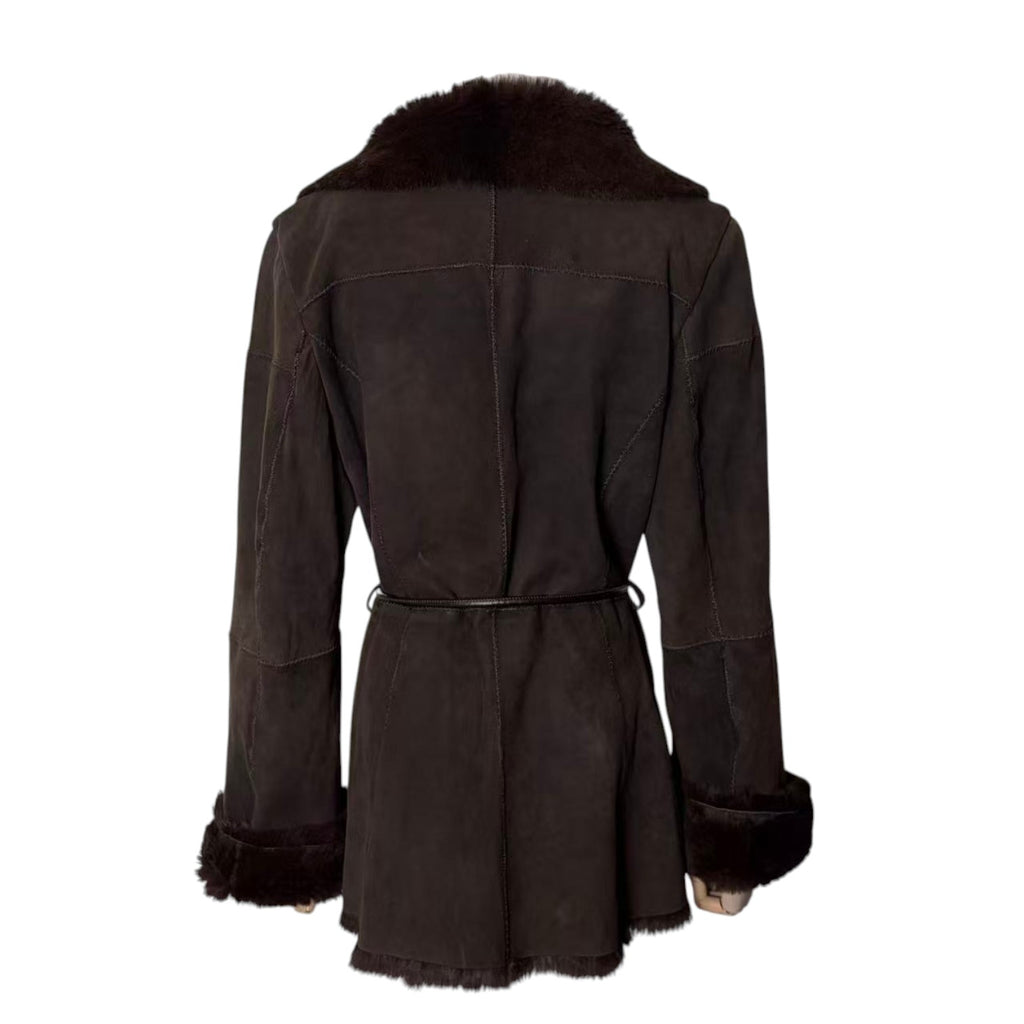 SHEEPSKIN RABBIT REAL FUR COAT JACKET MID LENGTH BROWN BELTED SIZE M