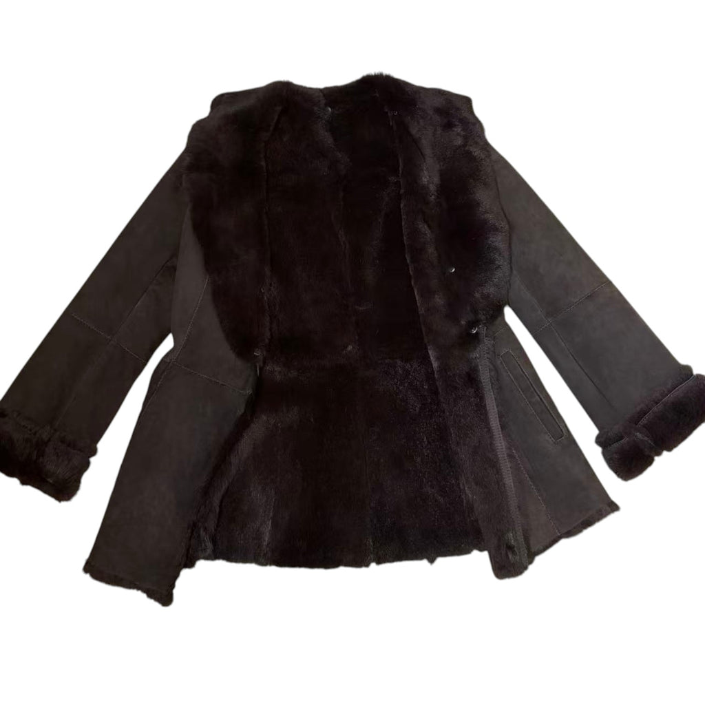 SHEEPSKIN RABBIT REAL FUR COAT JACKET MID LENGTH BROWN BELTED SIZE M