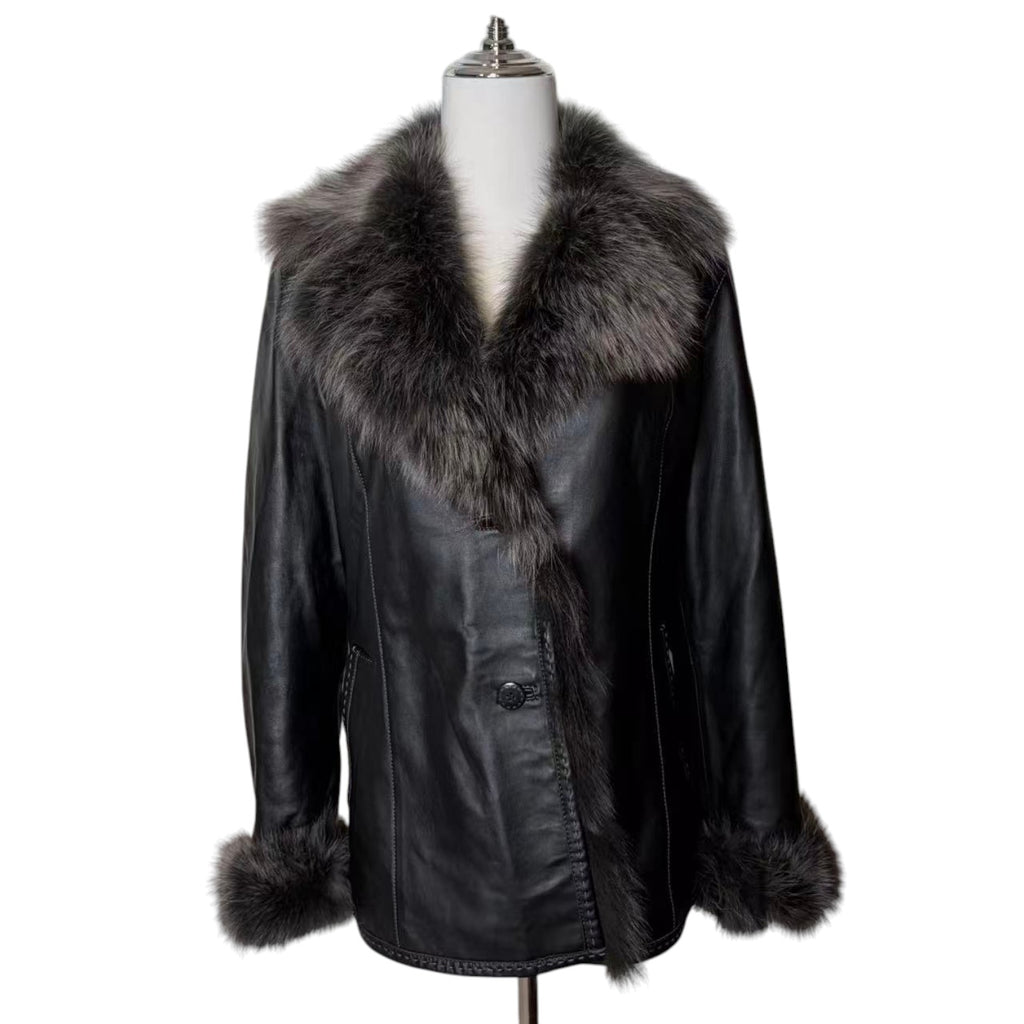 SHEEPSKIN LEATHER COAT JACKET REAL BLUE FOX FUR COLLAR CUFFS BLACK SIZE M