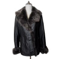 SHEEPSKIN LEATHER COAT JACKET REAL BLUE FOX FUR COLLAR CUFFS BLACK SIZE M