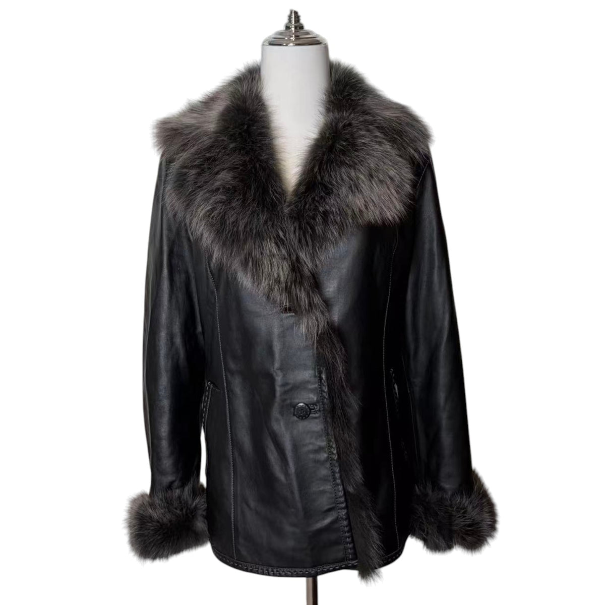 SHEEPSKIN LEATHER COAT JACKET REAL BLUE FOX FUR COLLAR CUFFS BLACK SIZE M