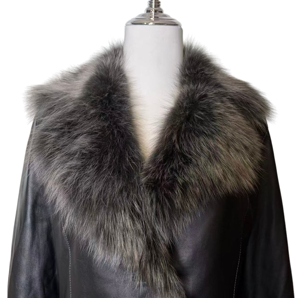 SHEEPSKIN LEATHER COAT JACKET REAL BLUE FOX FUR COLLAR CUFFS BLACK SIZE M