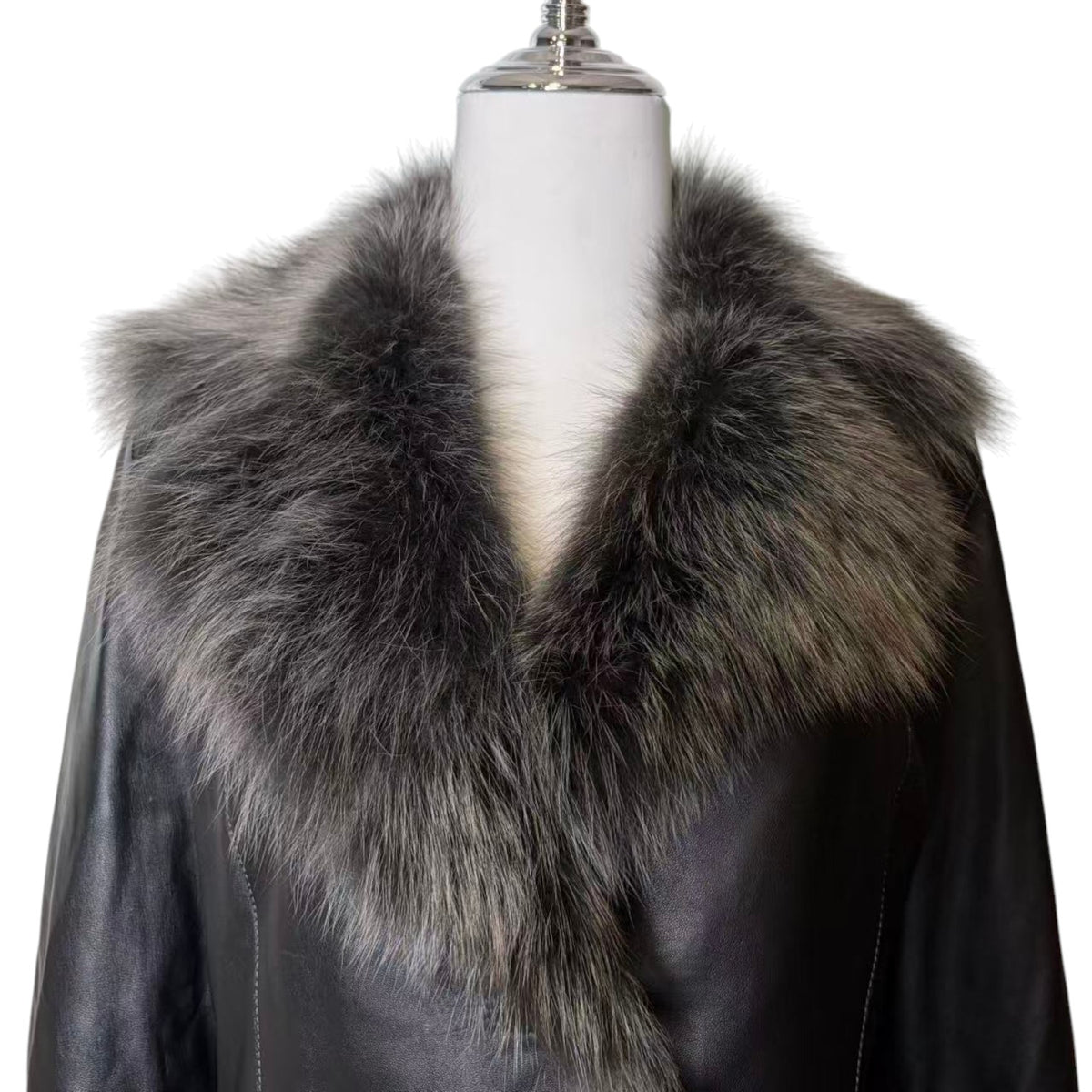 SHEEPSKIN LEATHER COAT JACKET REAL BLUE FOX FUR COLLAR CUFFS BLACK SIZE M