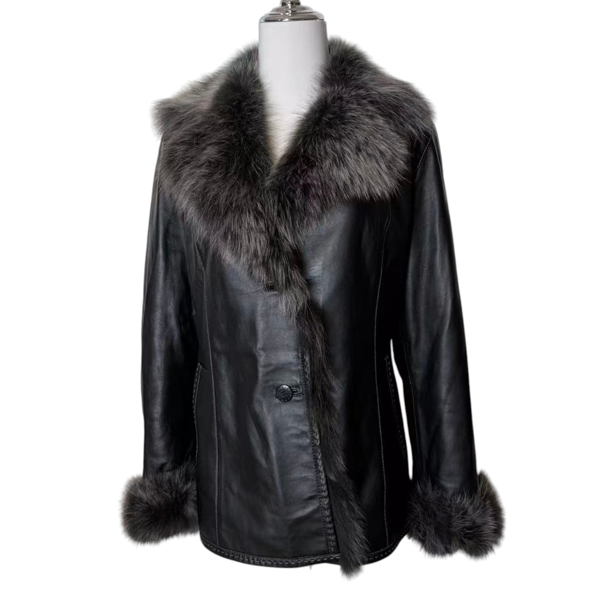 SHEEPSKIN LEATHER COAT JACKET REAL BLUE FOX FUR COLLAR CUFFS BLACK SIZE M