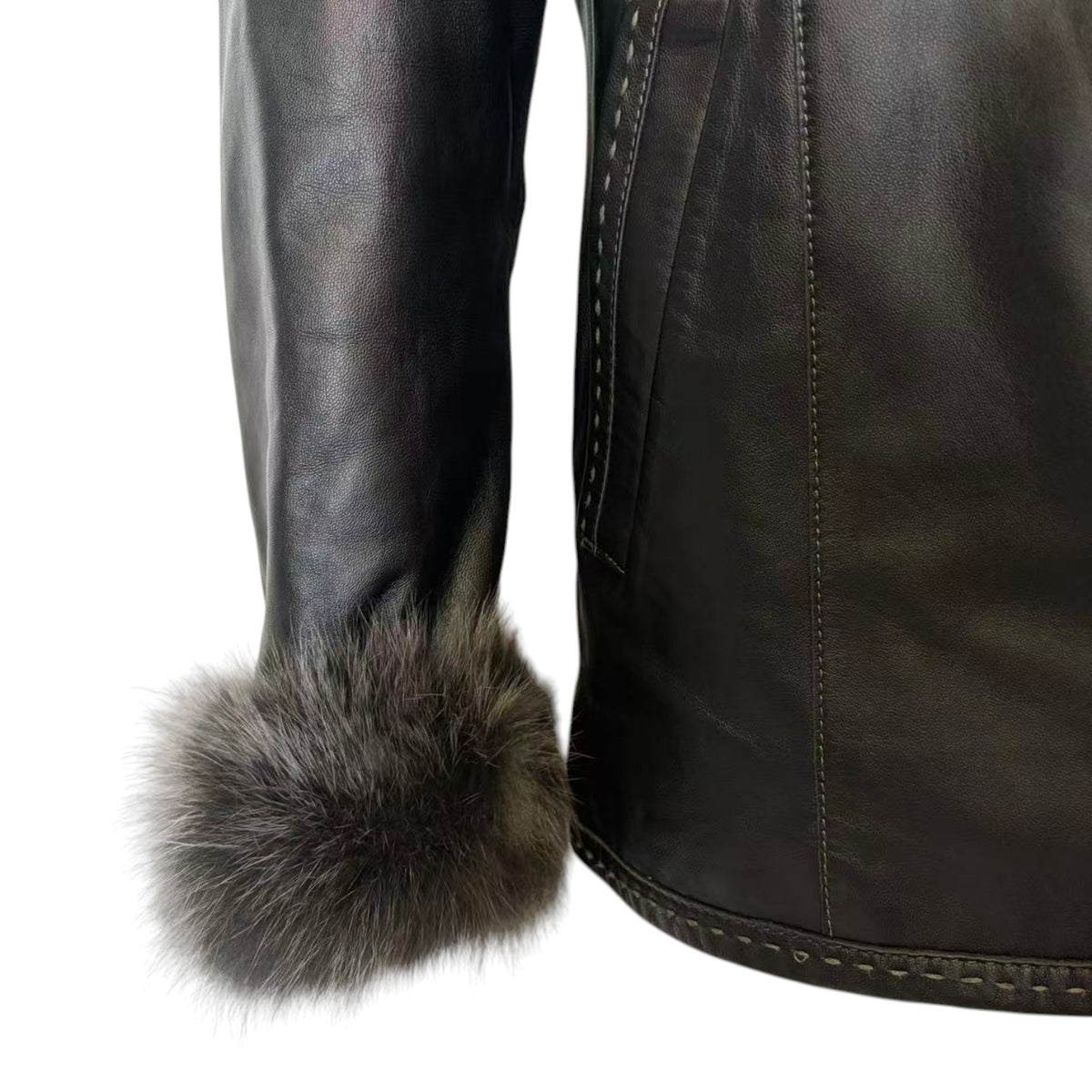 SHEEPSKIN LEATHER COAT JACKET REAL BLUE FOX FUR COLLAR CUFFS BLACK SIZE M