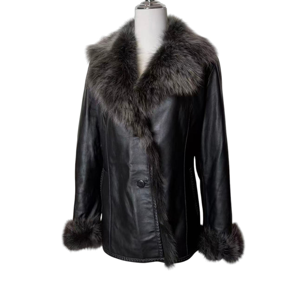 SHEEPSKIN LEATHER COAT JACKET REAL BLUE FOX FUR COLLAR CUFFS BLACK SIZE M
