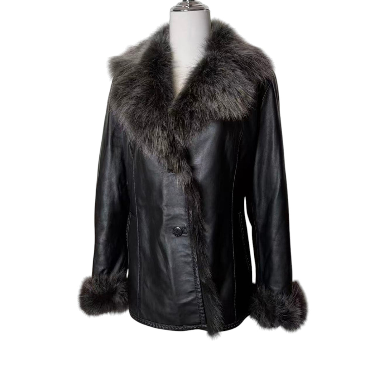 SHEEPSKIN LEATHER COAT JACKET REAL BLUE FOX FUR COLLAR CUFFS BLACK SIZE M