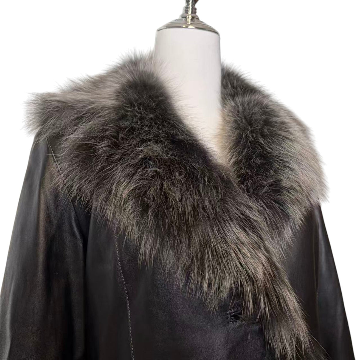 SHEEPSKIN LEATHER COAT JACKET REAL BLUE FOX FUR COLLAR CUFFS BLACK SIZE M