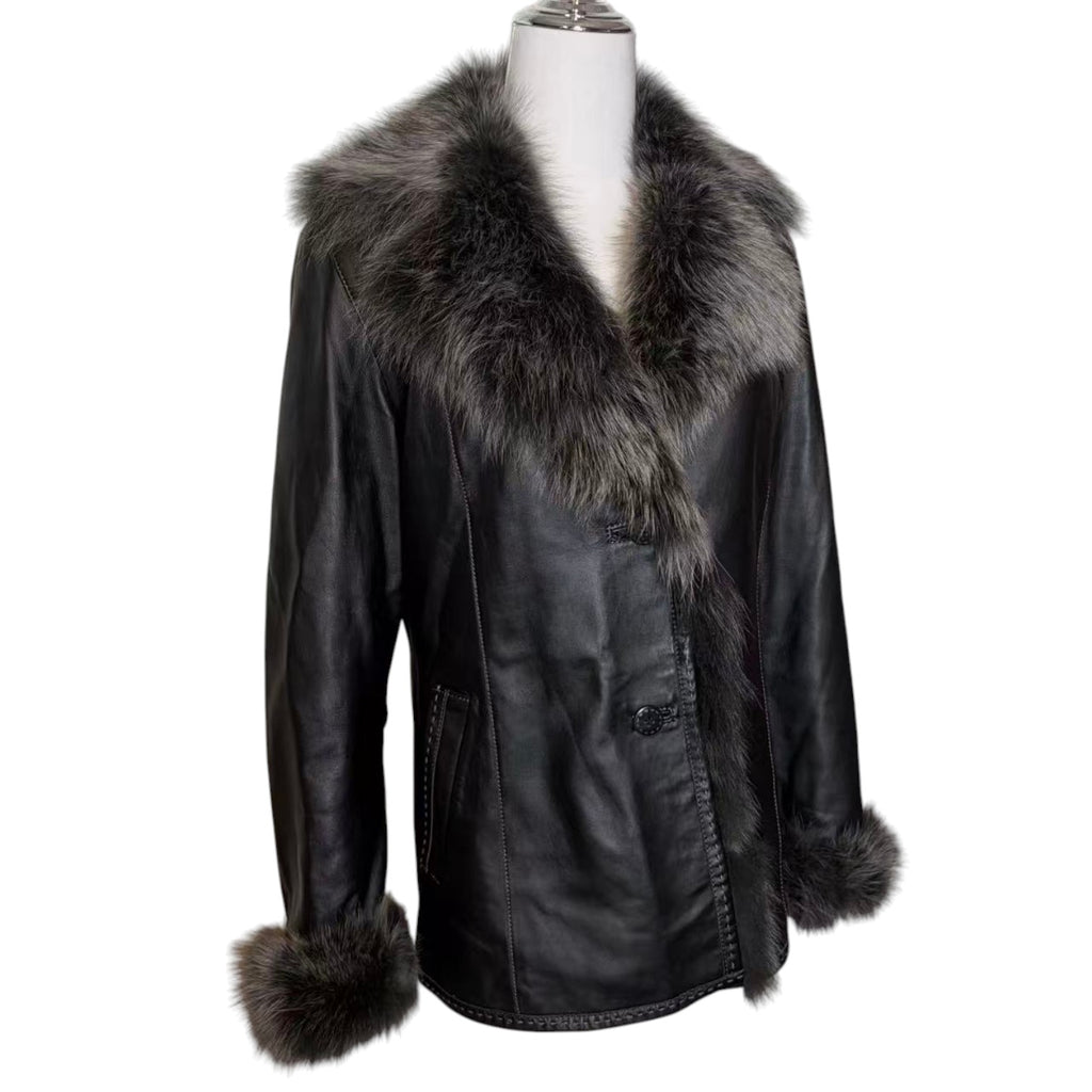 SHEEPSKIN LEATHER COAT JACKET REAL BLUE FOX FUR COLLAR CUFFS BLACK SIZE M
