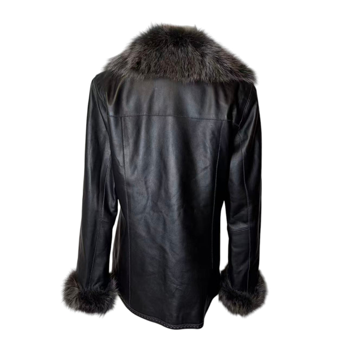 SHEEPSKIN LEATHER COAT JACKET REAL BLUE FOX FUR COLLAR CUFFS BLACK SIZE M