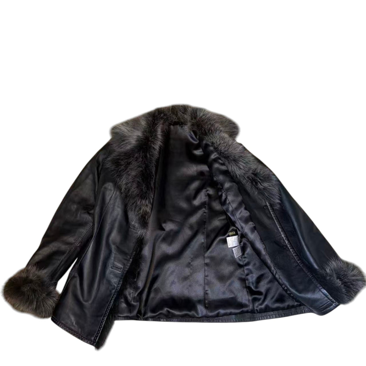 SHEEPSKIN LEATHER COAT JACKET REAL BLUE FOX FUR COLLAR CUFFS BLACK SIZE M