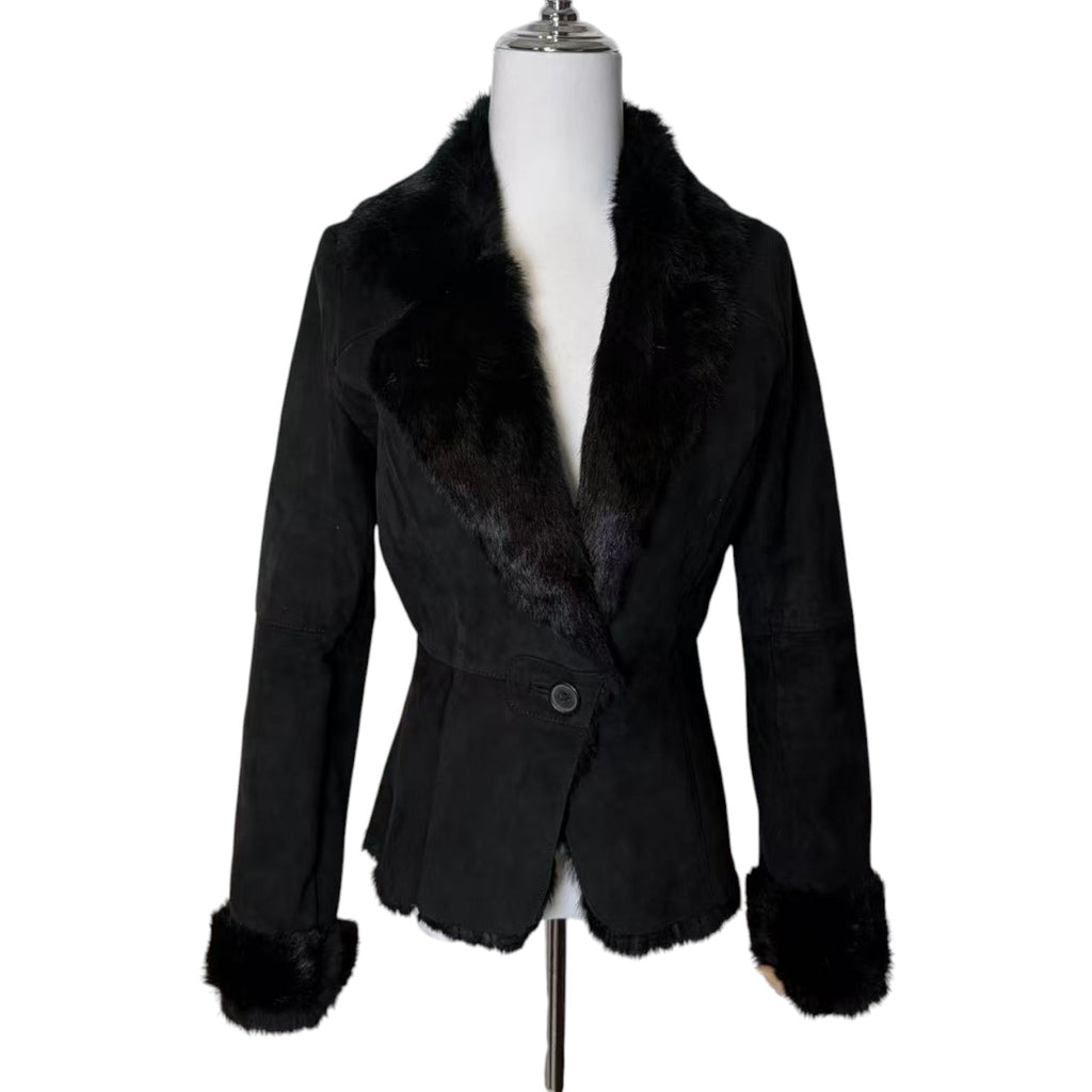 SHEEPSKIN SHEARLING REAL FUR JACKET SHORT COAT BLACK LIGHTWEIGHT ELEGANT