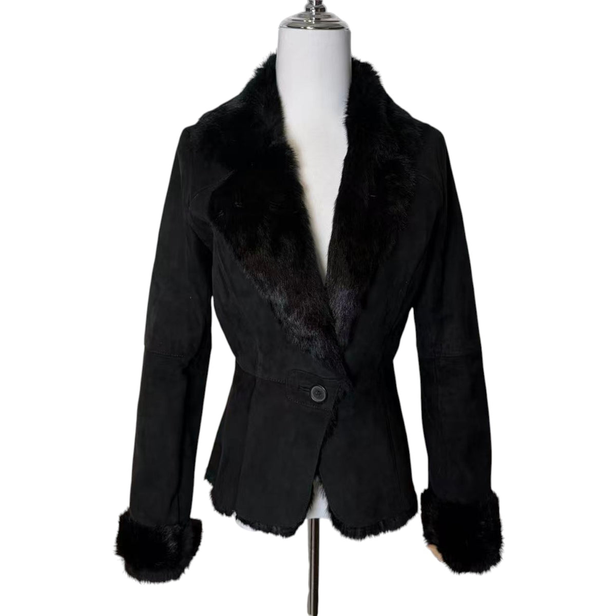 SHEEPSKIN SHEARLING REAL FUR JACKET SHORT COAT BLACK LIGHTWEIGHT ELEGANT